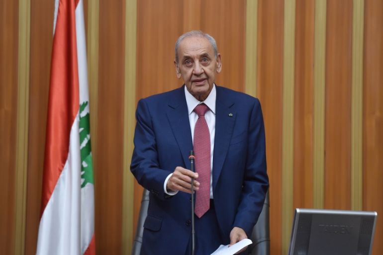 Nabih Berri, speaks after he was re-elected Lebanon''s parliamentary speaker, as Lebanon''s newly elected parliament convenes for the first time to elect a speaker and deputy speaker in Beirut