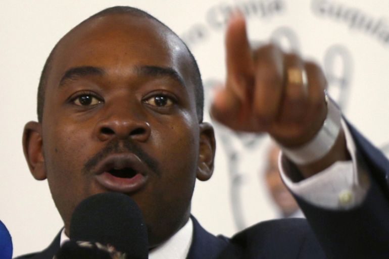 Opposition Movement for Democratic Change (MDC) leader Nelson Chamisa gestures during the launch of his party''s election manifesto in Harare
