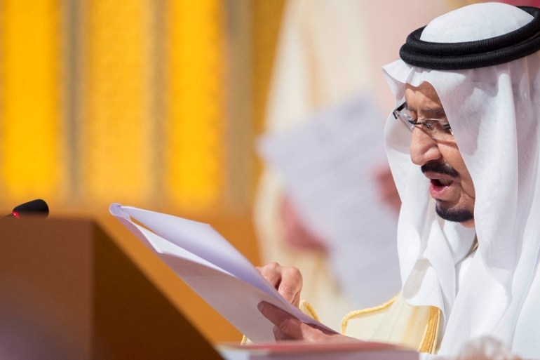 Saudi Arabia''s King Salman bin Abdulaziz Al Saud talks during the opening of 29th Arab Summit in Dhahran