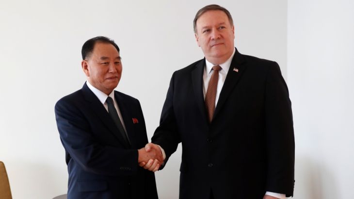 Kim Yong Chol shakes hands with U.S. Secretary of State Pompeo