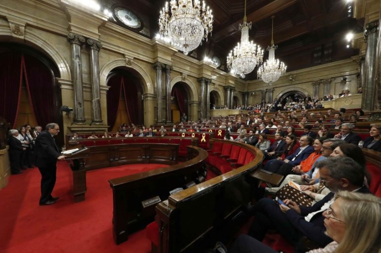 Quim Torra, delivers his speech during an investiture debate in Barcelona