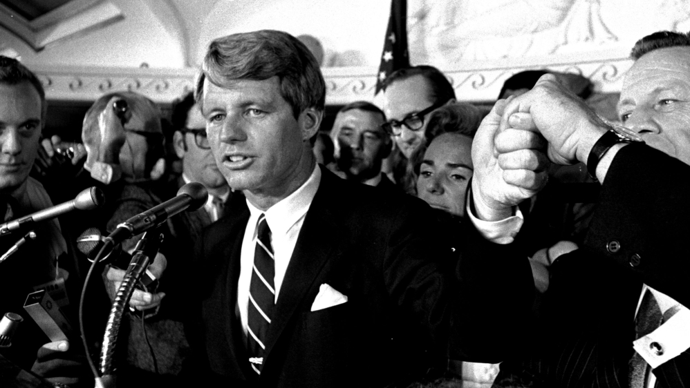 US Senator Robert F Kennedy addresses a throng of supporters at the Ambassador Hotel in Los Angeles early in the morning of June 5, 1968, following his victory in the previous day's California primary election [File photo: Dick Strobel/AP Photo]