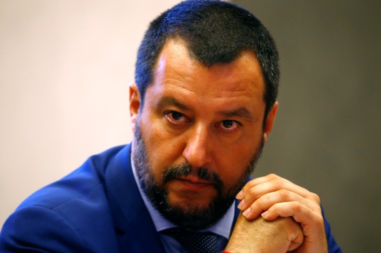 Italy''s Interior Minister Matteo Salvini looks on during the news conference at the Viminale in Rome
