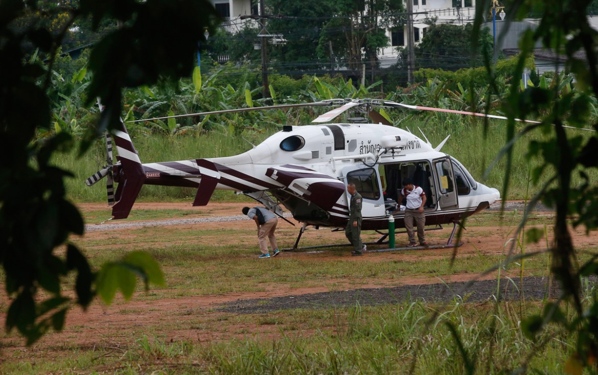 Helicopter prepare for evacuation where 12 boys and their soccer coach have been trapped since June 23, in Mae Sai, Chiang Rai province, in northern Thailand Monday, July 9, 2018. Rescuers at a Thai c
