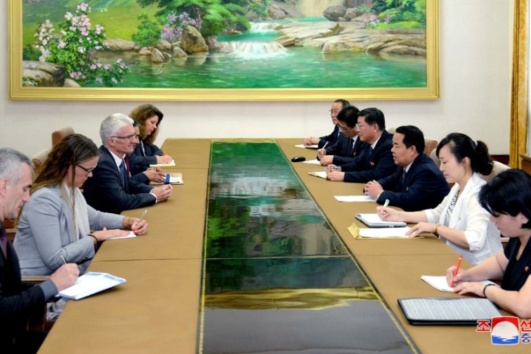 North Korea''s Minister of Health Jang Jun Sang meets with UN''s Under-Secretary-General for Humanitarian Affairs and Emergency Relief Coordinator Lowcork in Pyongyang
