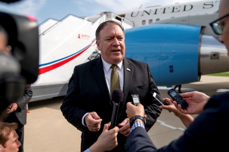 U.S. Secretary of State Mike Pompeo speaks to members of the media at Sunan International Airport in Pyongyang
