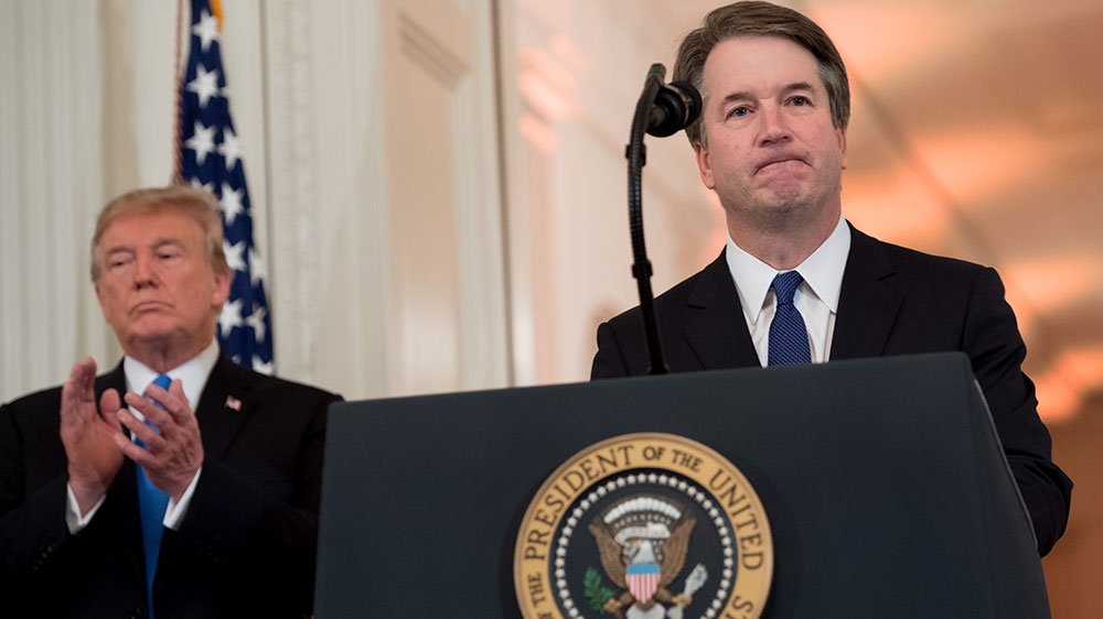 US Judge Brett Kavanaugh speaks after being nominated by U Trump to the Supreme Court [Saul Loeb/AFP] 