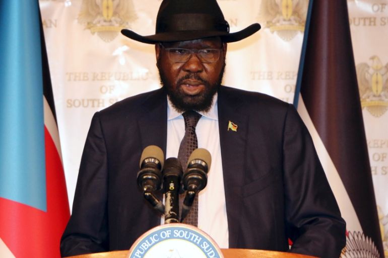South Sudan''s President Salva Kiir addresses the nation during an independence day event at the Presidential palace in Juba