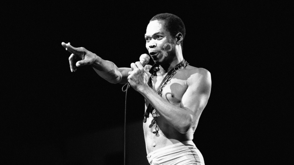 Nigerian musician and composer Fela Kuti performs at the 