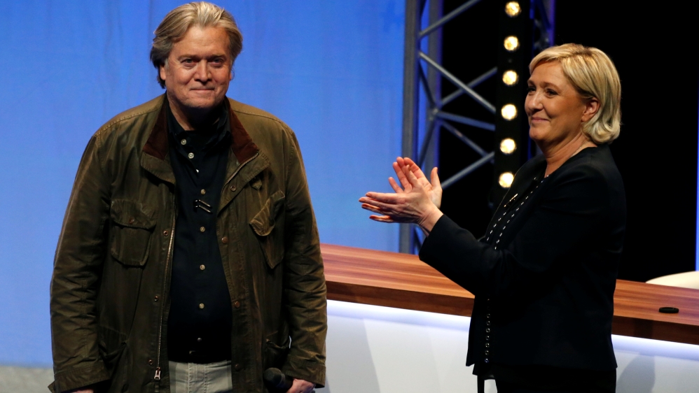 Marine Le Pen, National Front political party leader, and Former White House Chief Strategist Steve Bannon attend the party's convention in Lille