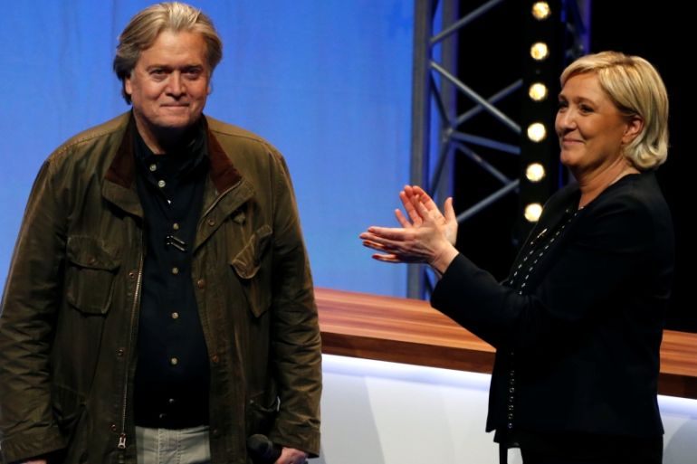 Marine Le Pen, National Front political party leader, and Former White House Chief Strategist Steve Bannon attend the party''s convention in Lille