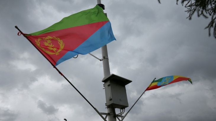 FILE PHOTO: Ethiopian and Eritrean flags flutter during the welcoming ceremony of Eritrean Foreign Minister Osman Saleh and his delegation at the Bole International Airport in Addis Ababa