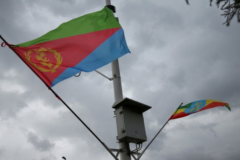 FILE PHOTO: Ethiopian and Eritrean flags flutter during the welcoming ceremony of Eritrean Foreign Minister Osman Saleh and his delegation at the Bole International Airport in Addis Ababa