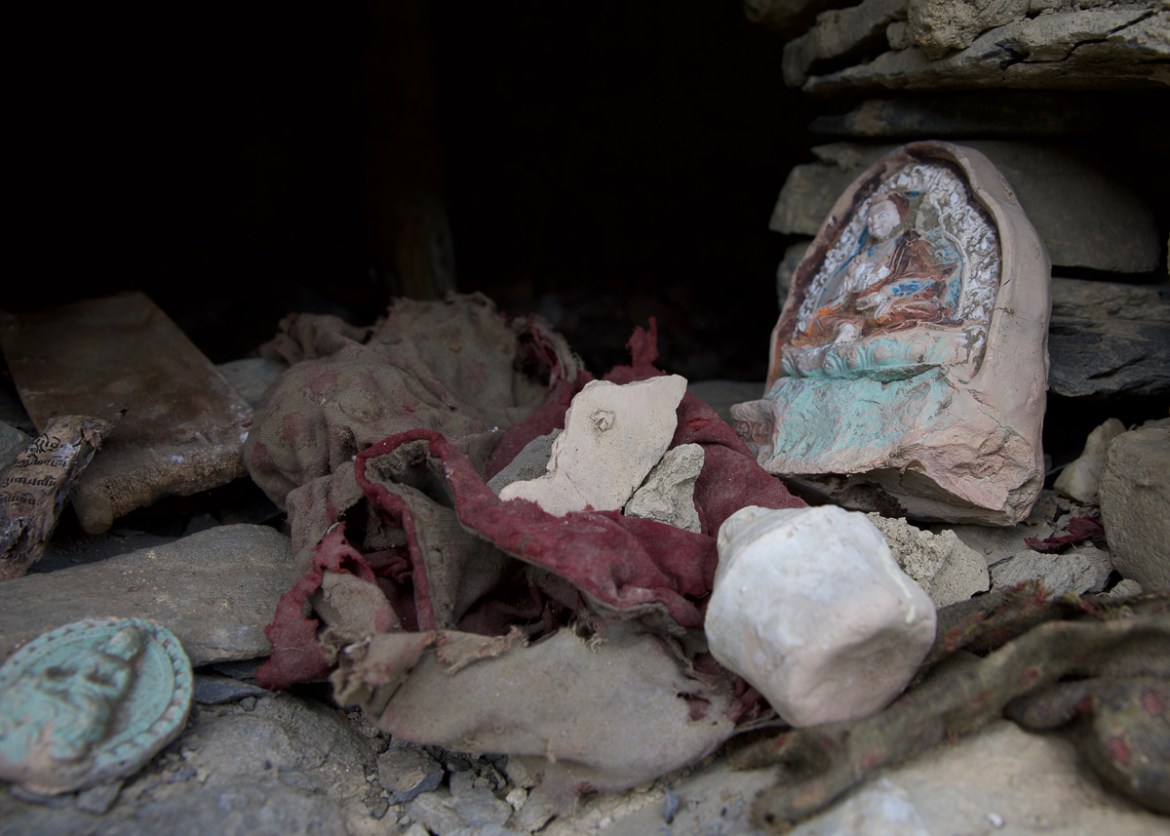 8. Clay prayer moulds and ancient 14th century fabric are all that remain in a stupa broken into by thieves in Samdaling, Nepal. While no inventories were ever kept, it’s believed that these stupas h