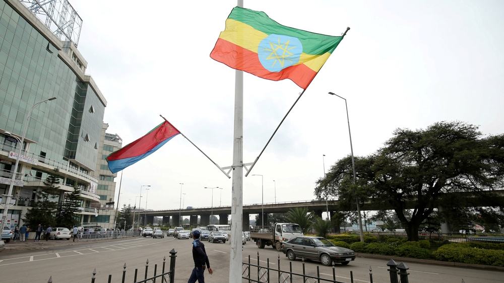 Flags of Ethiopia and Eritrea seen side by side in the face of Eritrea's President Isaias Afwerki's visit to Addis Ababa [Tiksa Negeri/Reuters]