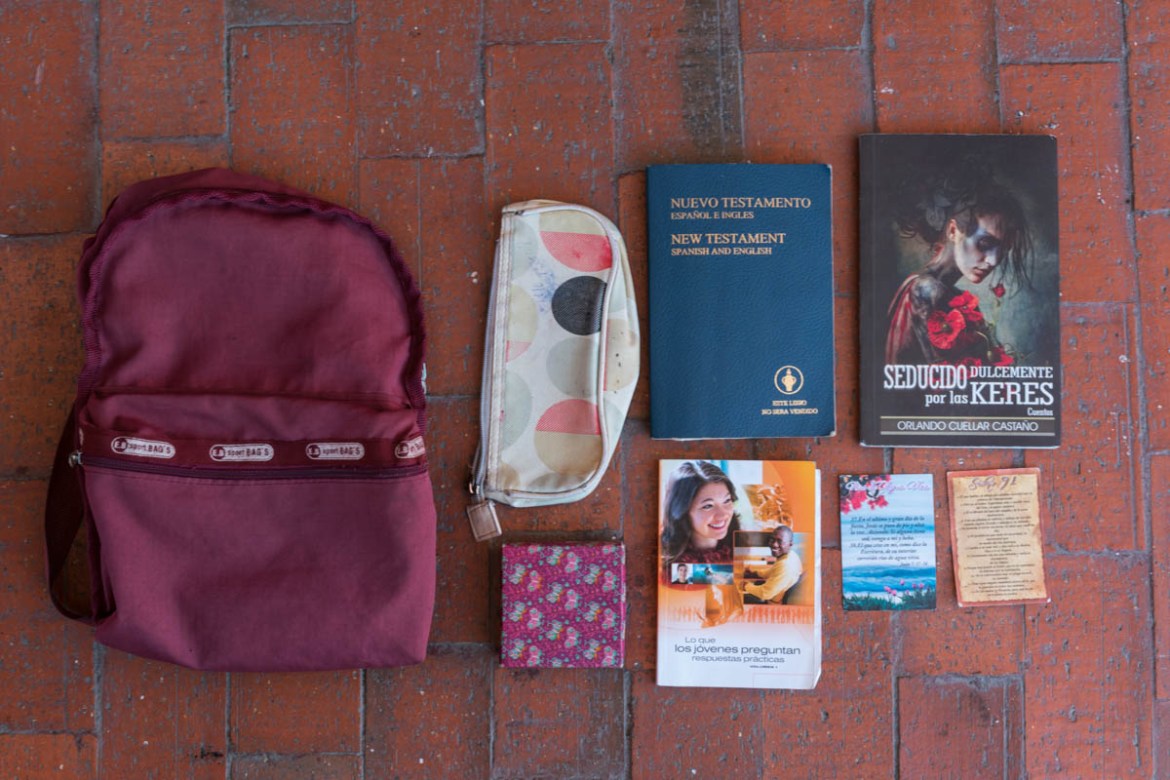 Maria* is currently homeless and has only a small backpack with her from Venezuela. Inside she has an empty pencil case, a small jewelry box, a bible, two books and two prayer cards. These are all she