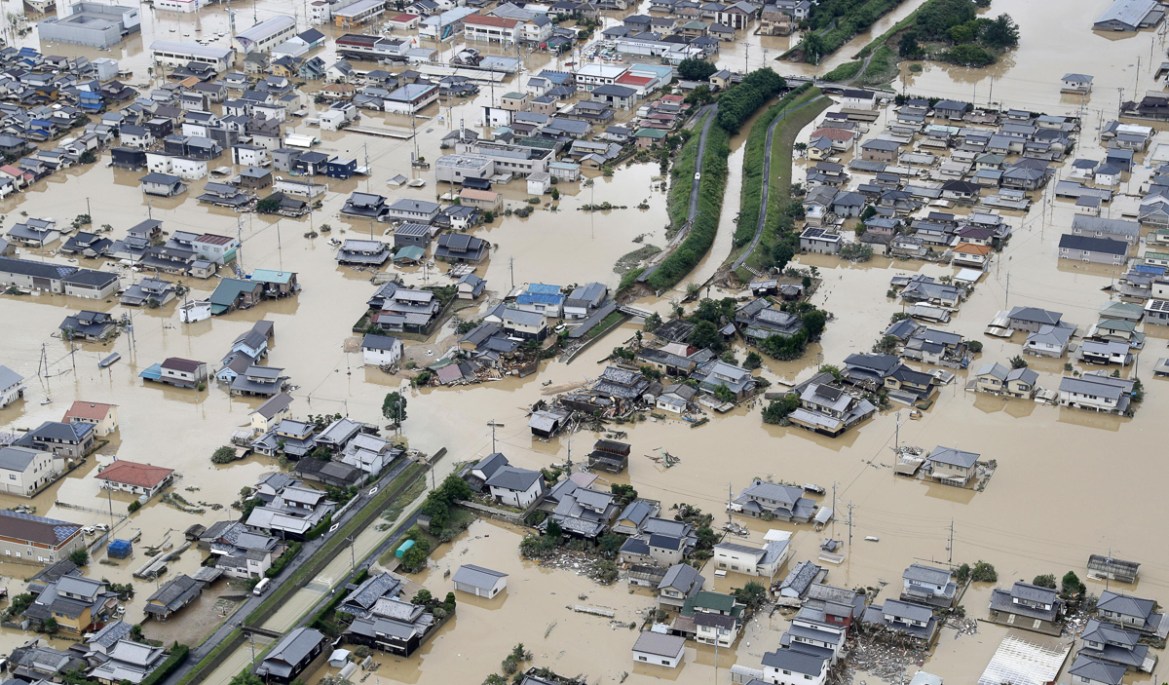 A flooded area is seen after heavy rain in Kurashiki, Okayama Prefecture, Japan, in this photo taken by Kyodo July 8, 2018. Mandatory credit Kyodo/via REUTERS