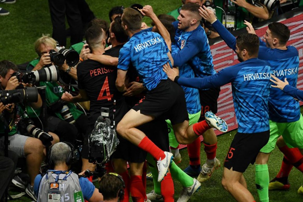 Croatia''s players celebrate their second goal during the Russia 2018 World Cup semi-final football match between Croatia and England at the Luzhniki Stadium in Moscow on July 11, 2018. / AFP PHOTO /