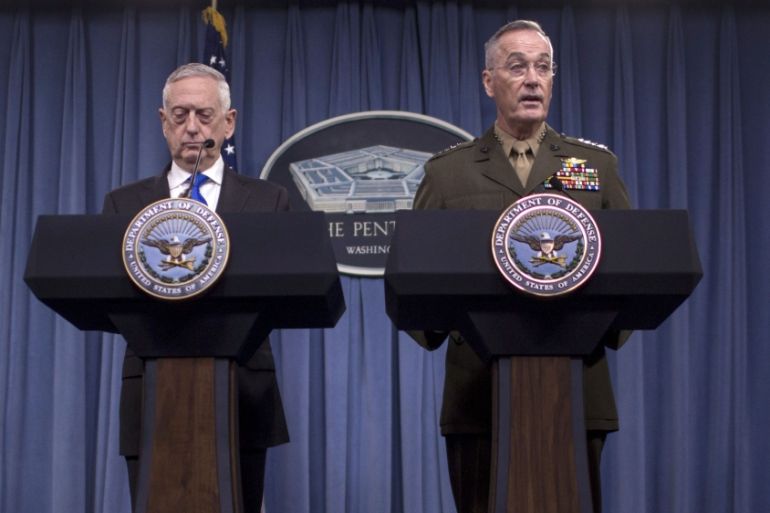 Secretary Of Defense Mattis And Chairman Of The Joint Chiefs of Staff Gen. Dunford Hold Briefing At The Pentagon