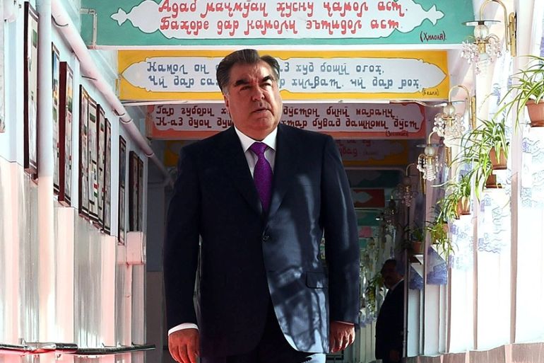 Tajik President Emomali Rakhmon walks to cast his ballot at a polling station in Dushanbe, Tajikistan, Sunday, May 22, 2016. Tajikistan holds a referendum on changing the constitution to allow Rakhmon
