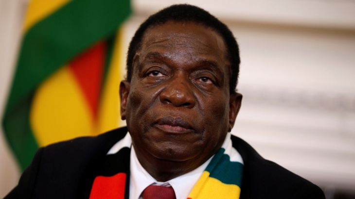 Zimbabwe''s President Emmerson Mnangagwa looks on as he gives a media conference at the State House in Harare