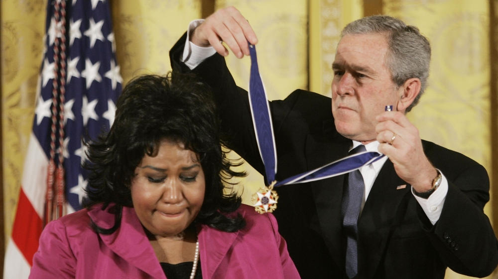 US President George W Bush awarded Franklin the Presidential Medal of Freedom in 2005 [File: Evan Vucci/AP]