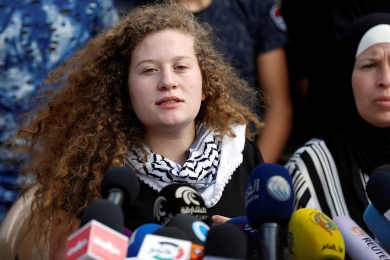 Palestinian teenager Ahed Tamimi speaks during a news conference after she was released from an Israeli prison, in Nabi Saleh village in the occupied West Bank