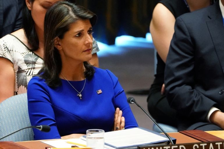 Nikki Haley listens as actor Cate Blanchett speaks during a United Nations Security Council meeting about Myanmar at United Nations Headquarters in New York City