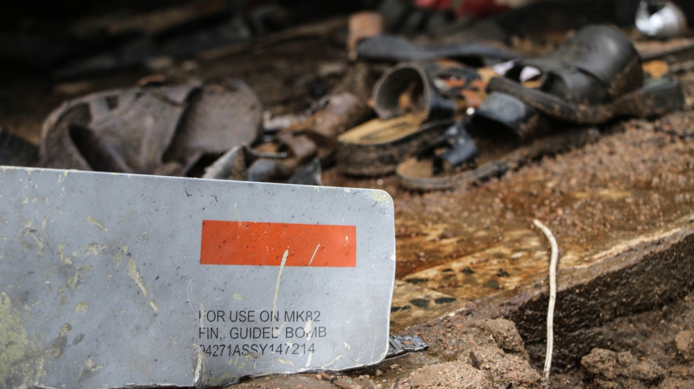 Fragments of a US-made MK-82 bomb were found near a school bus that was bombed earlier this month [Ahmad Algohbary/Al Jazeera]