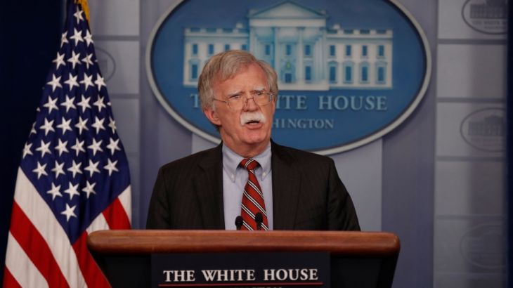 U.S. National Security Advisor Bolton addresses the news media at White House podium in Washington