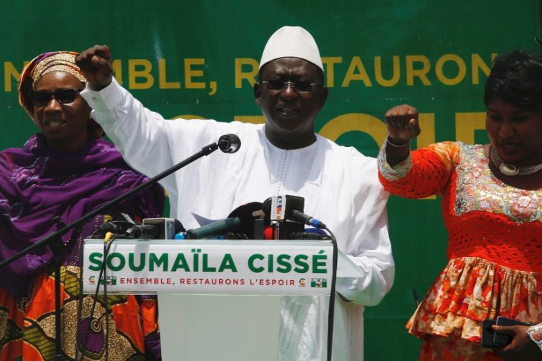 Soumaila Cisse, leader of opposition party URD speaks during a news conference in Bamako