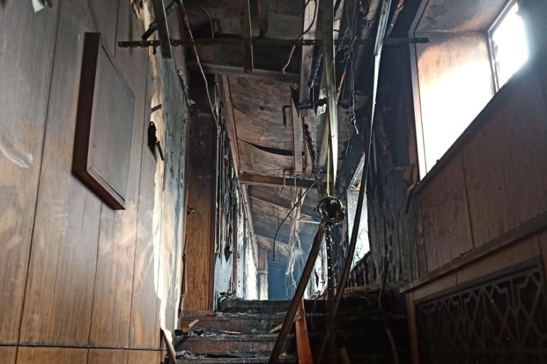 Interior of a hot springs hotel which caught fire early in the morning is pictured in Harbin