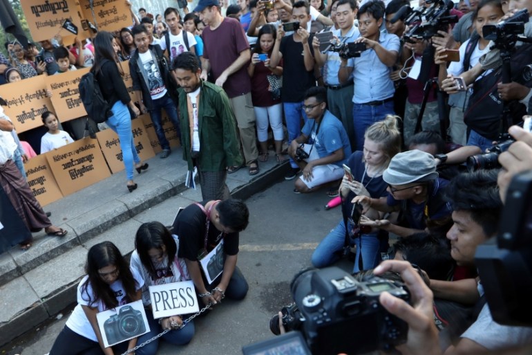 Myanmar press freedom advocates and youth activists hold a demonstration demanding the freedom of two jailed Reuters journalists Wa Lone and Kyaw Soe Oo in Yangon