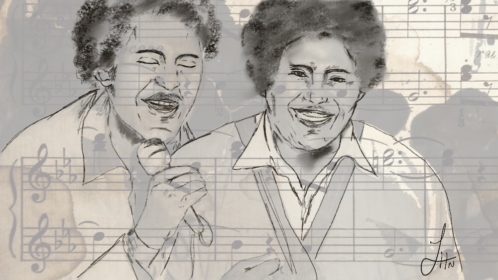 
Abdel El Aziz Al Mubarak, left, and Kamal Tarbas perform at a rehearsal in Omdurman, early 1980s [Illustration by Jawahir Hassan Al-Naimi/Al Jazeera]
