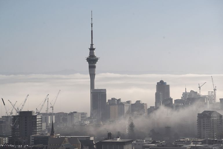 AUCKLAND, NEW ZEALAND - AUGUST 02: The Auckland Sky Tower is pictured as fog blankets the city on August 2, 2018 in Auckland, New Zealand. Fog restrictions at Auckland Airport were lifted at 8:20am bu