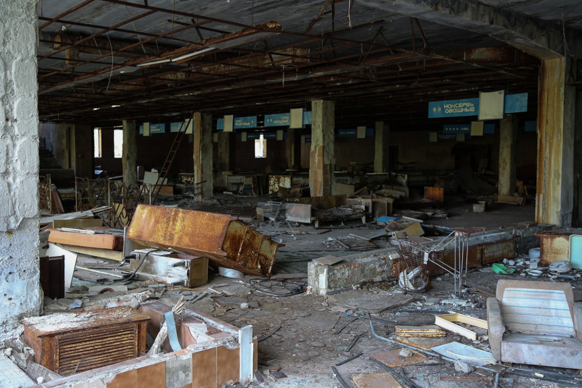 Tourists are no longer allowed to explore inside Pripyat’s crumbling buildings, like the grocery store pictured here. Tour company founder Sergei Mirnyi says that’s the real risk to visiting Chernobyl