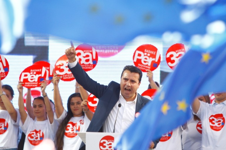Macedonian PM Zaev addresses the people during a march in support of a referendum in Skpoje