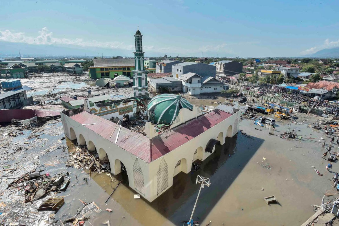 An aerial view of the Baiturrahman mosque which was hit by a tsunami, after a quake in West Palu, Central Sulawesi, Indonesia September 30, 2018 in this photo taken by Antara Foto. Antara Foto/Muhamma