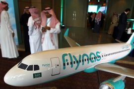A model of Saudi airline Flynas is on display during a ceremony to sign a deal between Airbus andFlynas in Riyadh