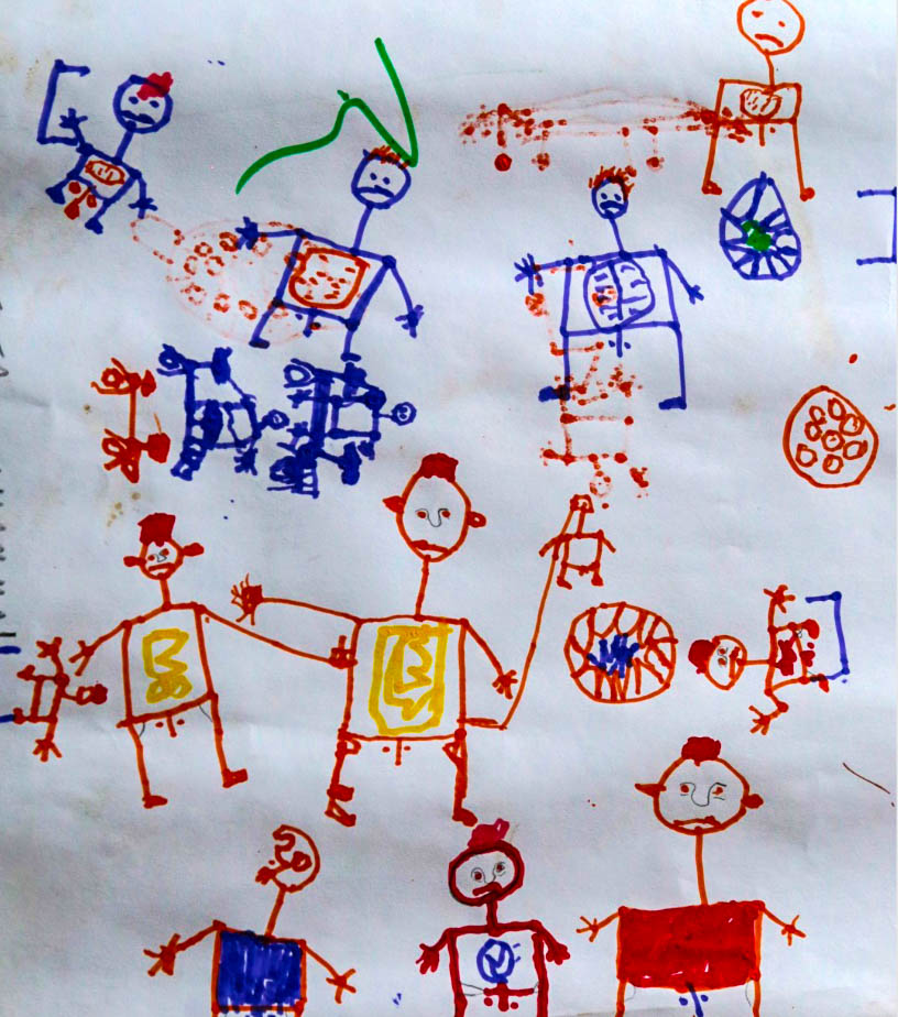 Aid workers have observed displaced children drawing bloody depictions of what they have seen. This is a drawing from a child named Mustapha [Courtesy: Unicef]