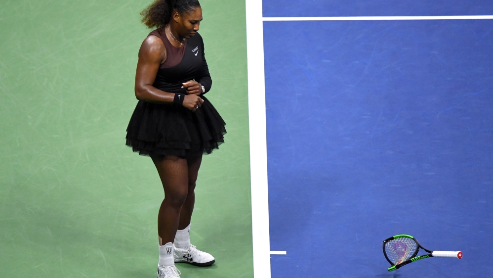 
Williams smashed her racquet and called the umpire a 'thief' and a 'liar' during the US Open final [Danielle Parhizkaran/USA TODAY SPORTS/Reuters]
