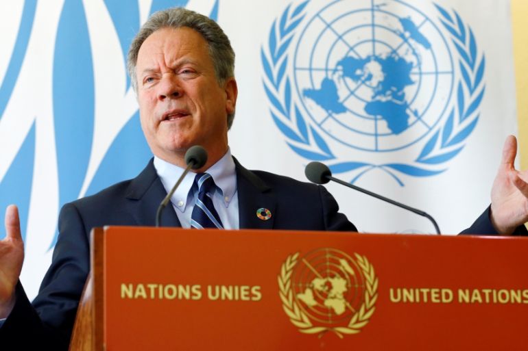 Beasley, Executive Director of the WFP, attends a news conference on the updated response plan for South Sudanese refugees at the U.N. in Geneva
