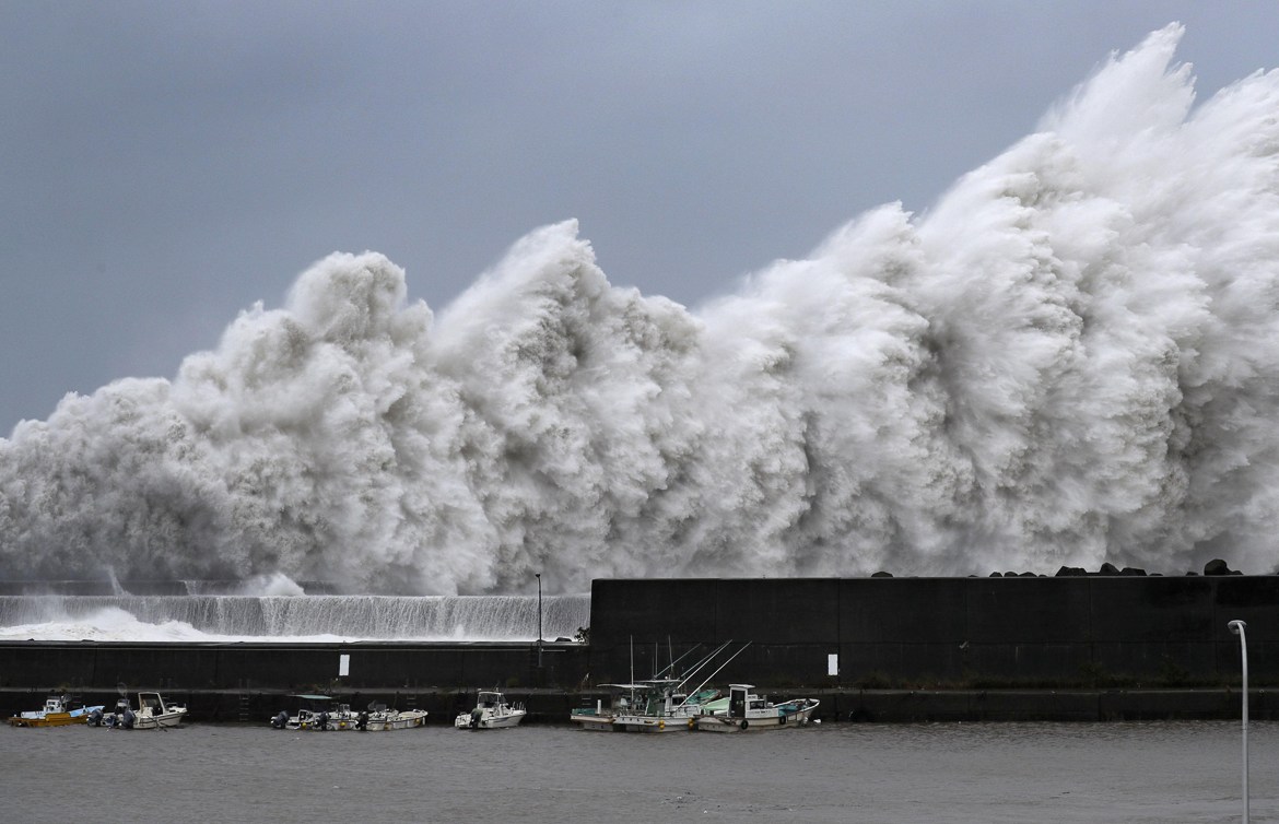 High waves triggered by Typhoon Jebi are seen at a fishing port in Aki, Kochi Prefecture, western Japan,†in this photo taken by Kyodo September 4, 2018. Mandatory credit Kyodo/via REUTERS ATTENTION ED