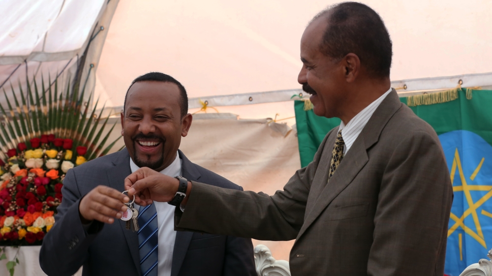 Eritrean President Isaias Afewerki and Ethiopian Prime Minister Abiy Ahmed attend the inauguration ceremony of Embassy of Eritrea in Addis Ababa, Ethiopia on July 16, 2018 [Minasse Wondimu Hailu/Anadolu]
