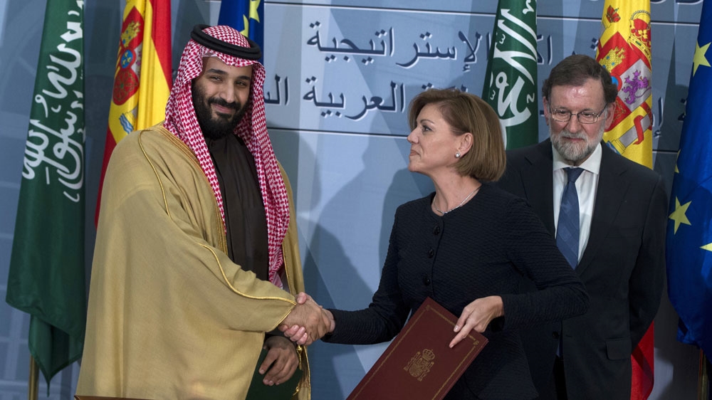 Saudi Crown Prince Mohammed bin Salman and Spain's then-Defence Minister Maria Dolores Cospedal signed bilateral agreements in April [Paul White/AP]