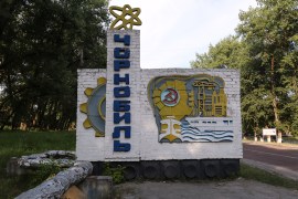 A Soviet-era sign welcomes visitors to the city of Chernobyl.