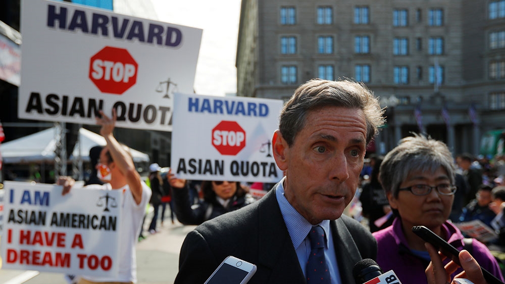 Affirmative action activist Edward Blum, founder of Students for Fair Admissions (SFFA), speaks to reporters at Sunday's Rally for the American Dream - Equal Education Rights for All [Brian Snyder/Reuters] 