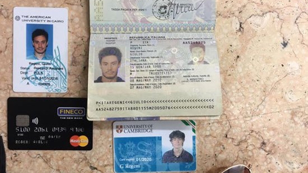 The personal belongings of murdered Italian student Giulio Regeni that the Egyptian interior ministry alleged were found when it killed members of a criminal gang suspected of links to his killing; the Italian government rejected the claim [AP]