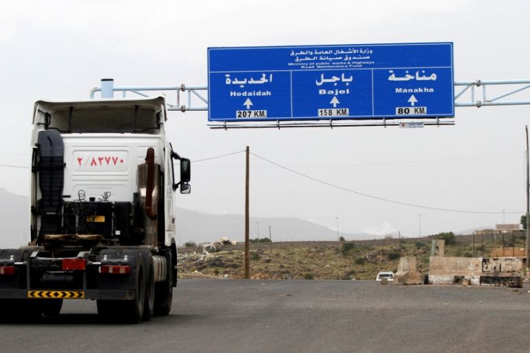 A truck drives on the main road linking Hodeidah with Sanaa
