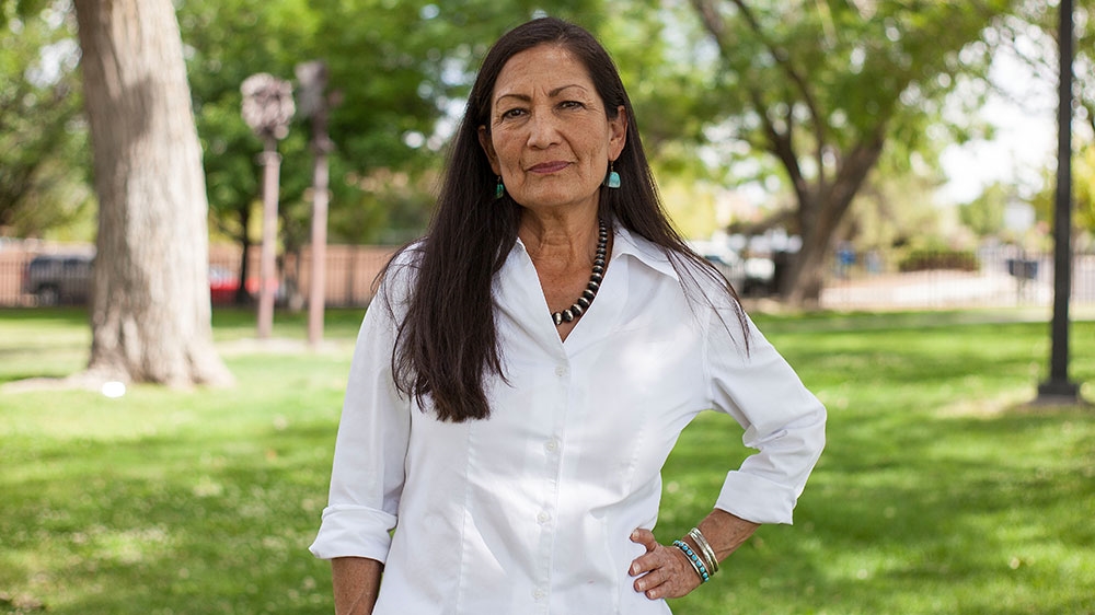 Deb Haaland poses for a portrait during the Democratic Primary elections in a Nob Hill Neighborhood in Albuquerque, New Mexico [Juan Labreche/AP Photo]